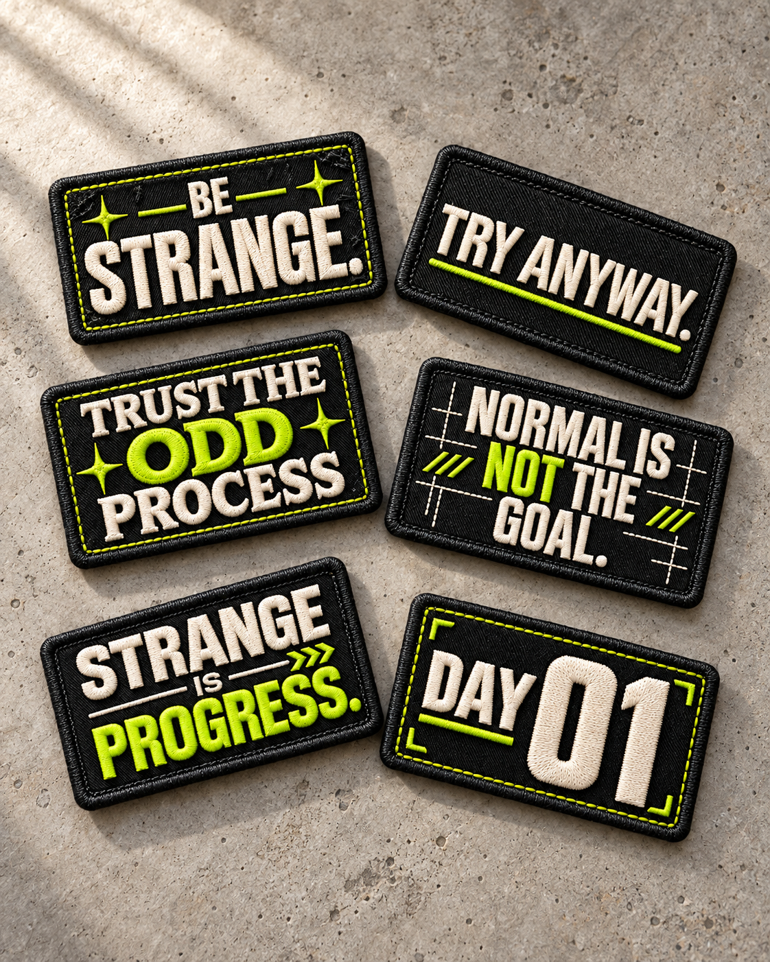 Six UNFIXED embroidered patch designs scattered on a concrete tabletop