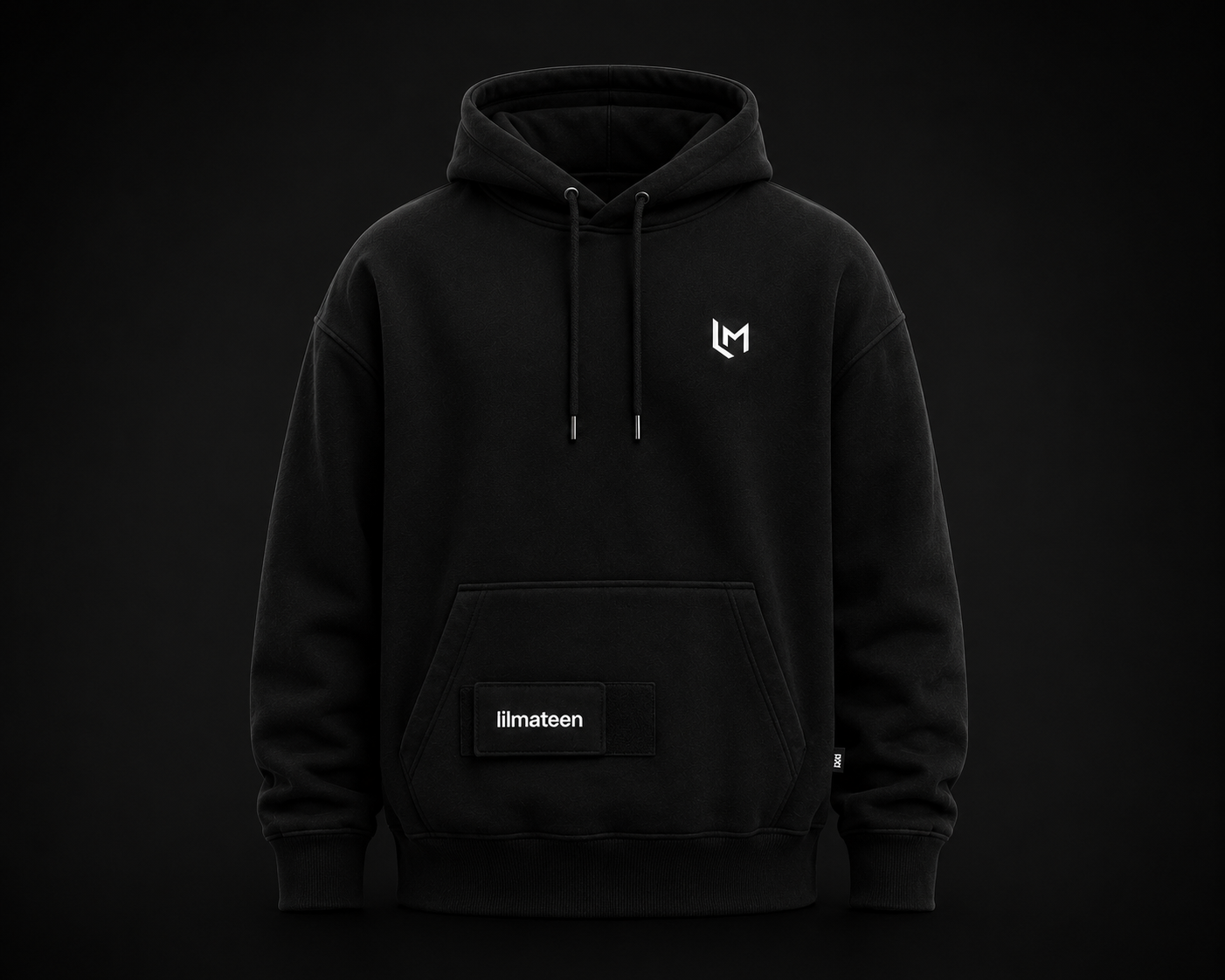 Front view of the black LILMATEEN hoodie with chest logo and removable pocket patch